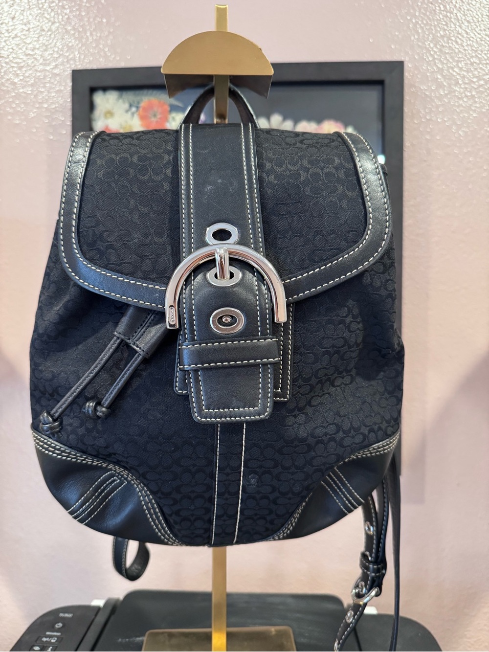 Coach 2005 Black Canvas Signature Backpack with Silver Buckle